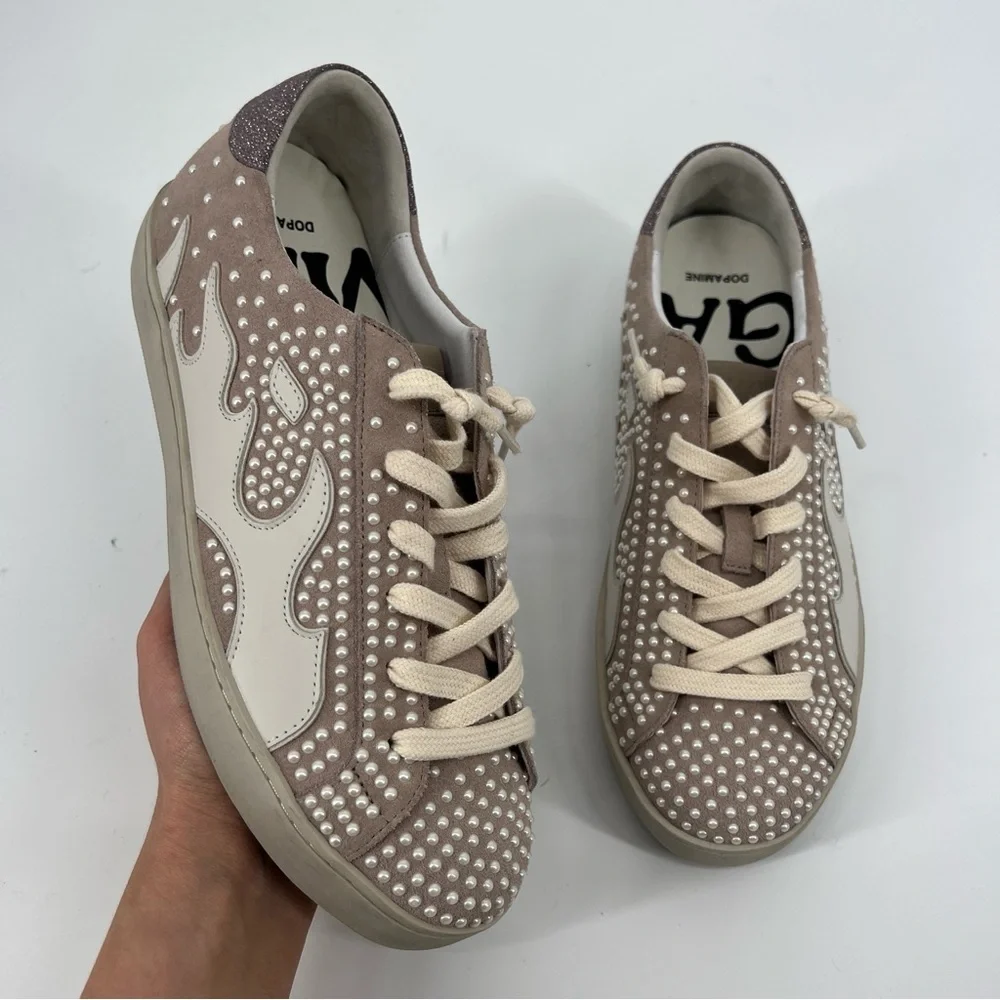 Bibi Lou Gamin Pearl Embroidered Suede Lace Up Designer Sneakers in Lilac 7